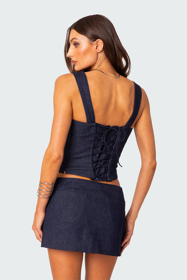 Edikted Jemma Lace Up Denim Corset Dark Blue