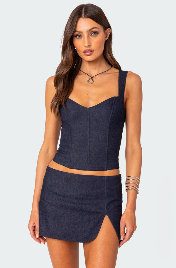 edikted Jemma Lace Up Denim Corset dark blue