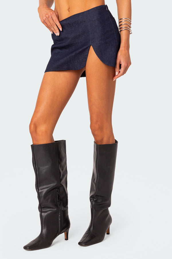 Edikted Jemma Side Slit Denim Mini Skirt Dark Blue