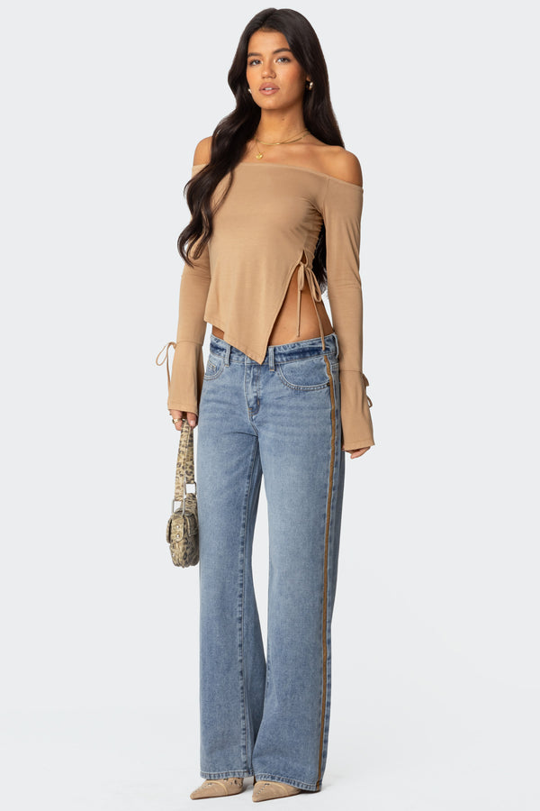 Edikted Jeni Asymmetric Off Shoulder Top Brown