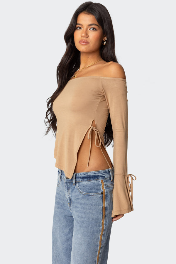 Edikted Jeni Asymmetric Off Shoulder Top Brown