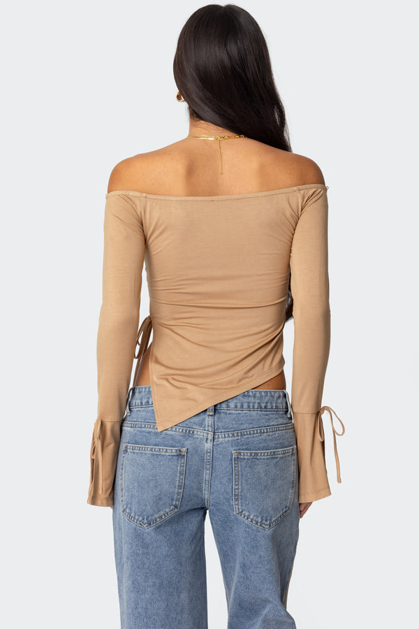 Edikted Jeni Asymmetric Off Shoulder Top Brown