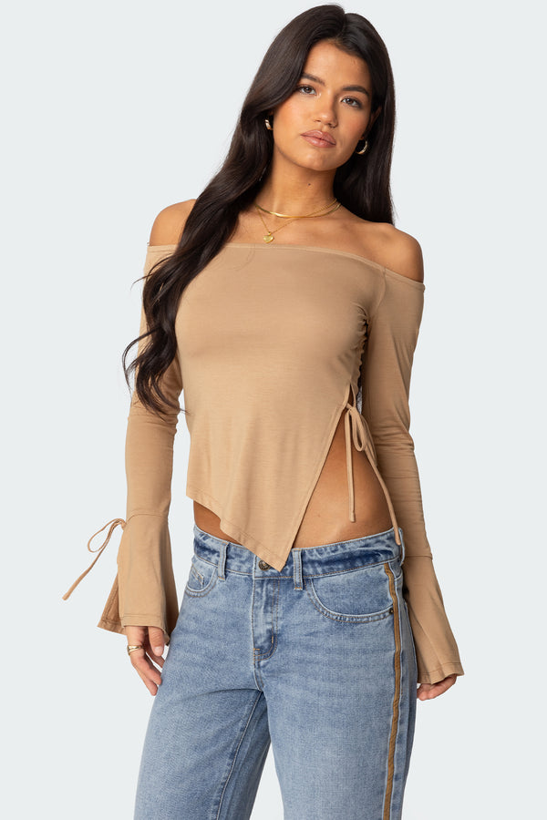 edikted Jeni Asymmetric Off Shoulder Top brown