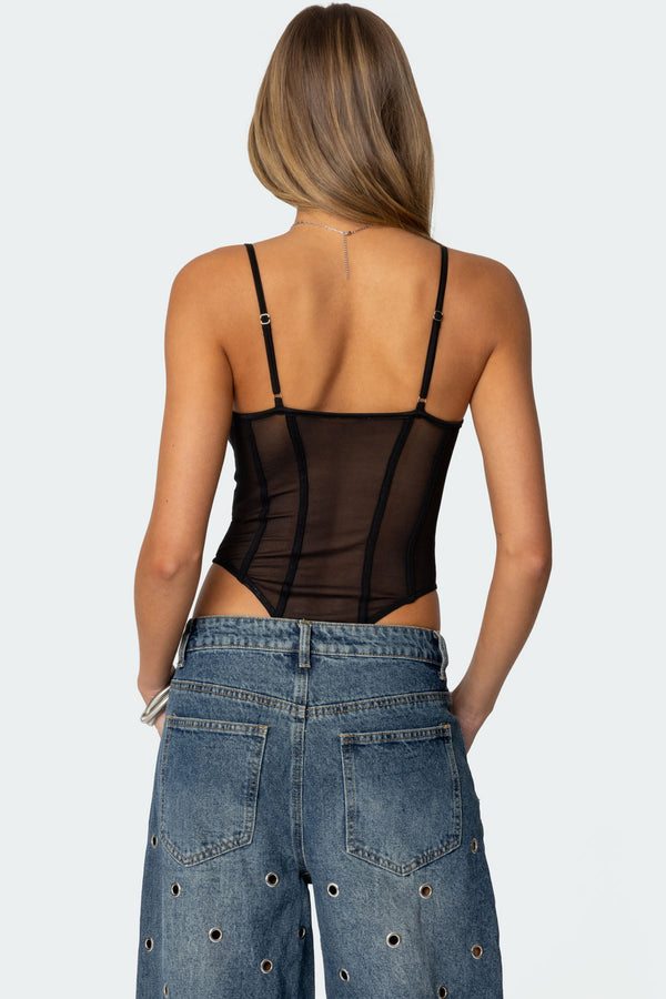 Edikted Jenia Sheer Mesh Cupped Bodysuit Black