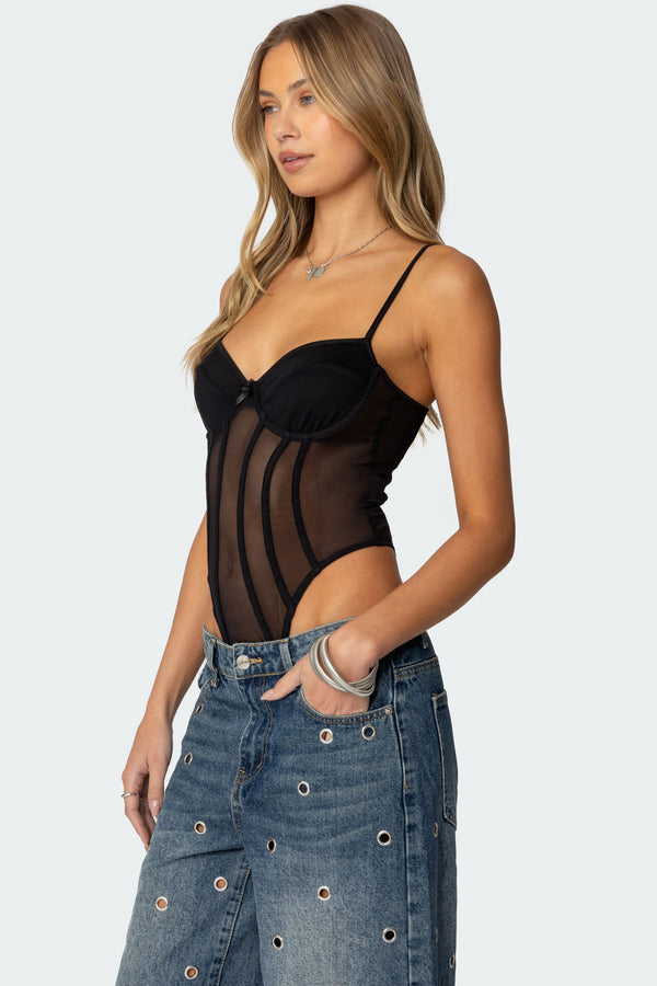 Edikted Jenia Sheer Mesh Cupped Bodysuit Black
