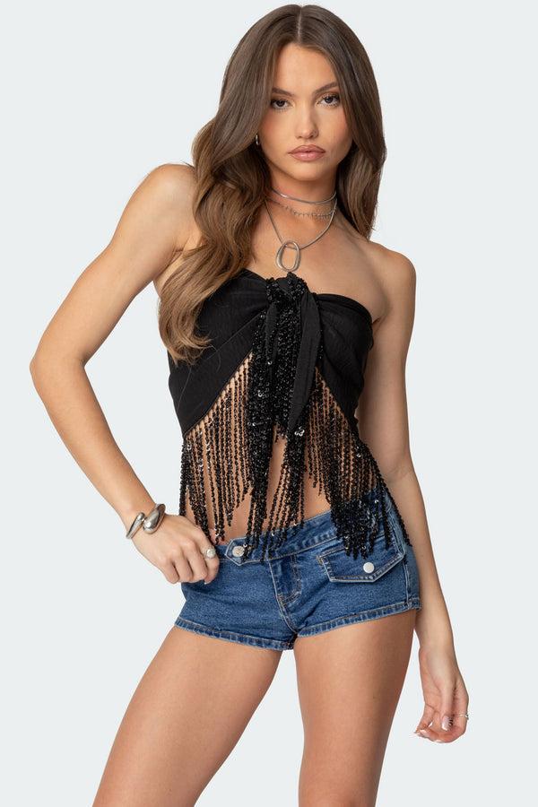 edikted Jenna Sequin Fringe Wrap Top black