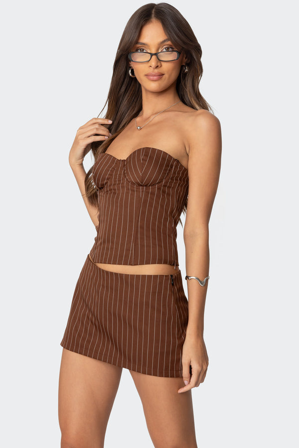 Edikted Jennifer Lace Up Pinstripe Corset Brown