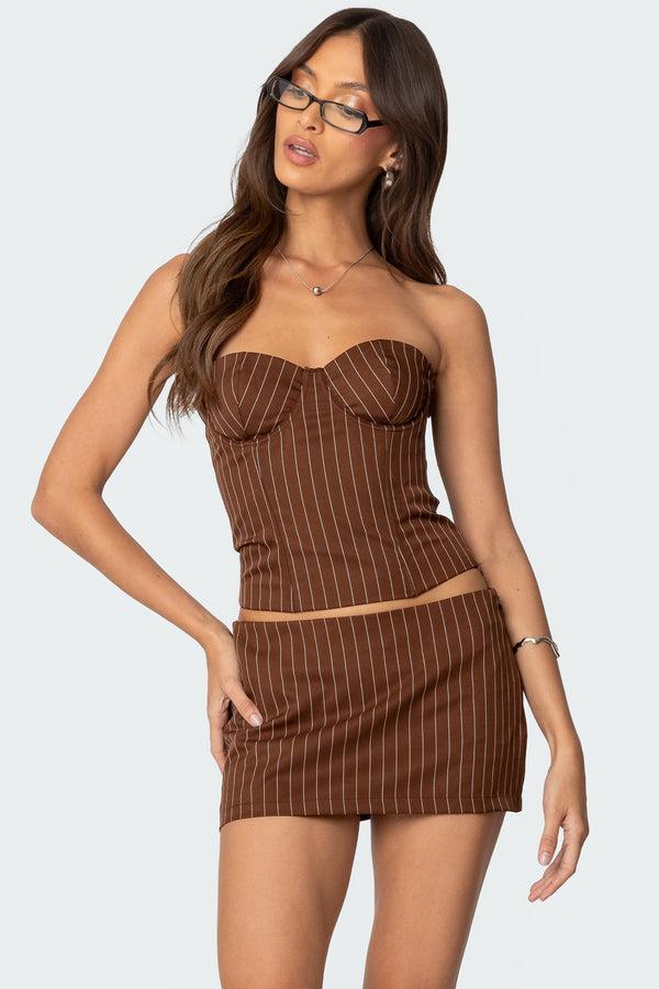 edikted Jennifer Lace Up Pinstripe Corset brown