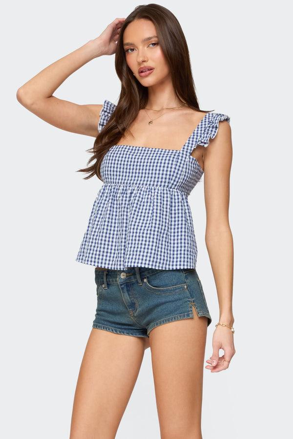 Edikted Jenson Backless Gingham Top Blue