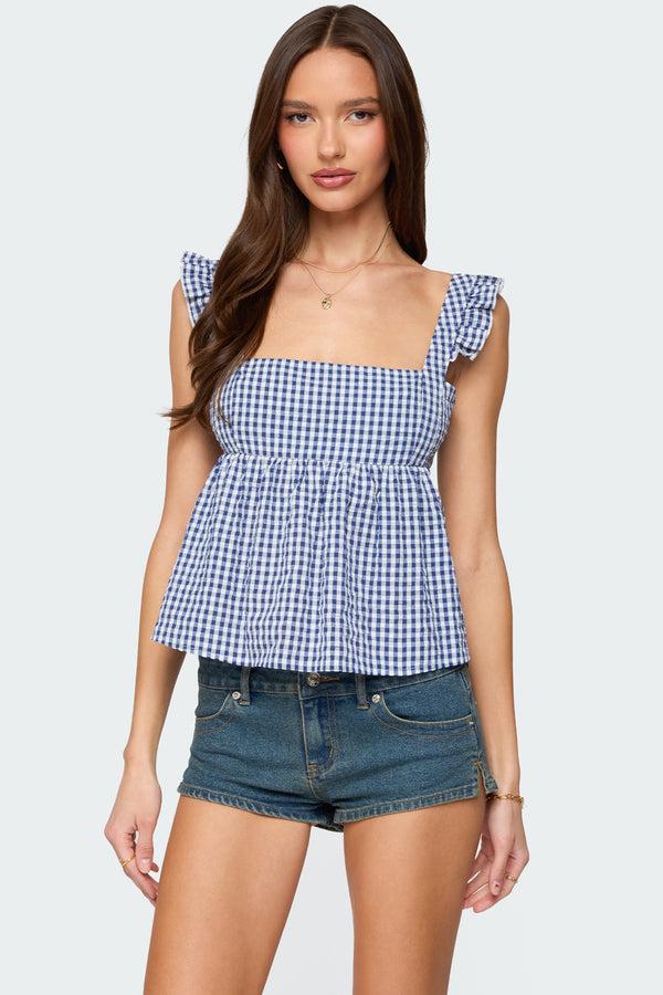 edikted Jenson Backless Gingham Top blue