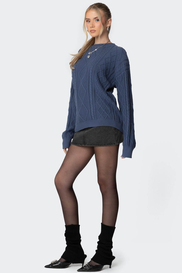 Edikted Jessy Cable Knit Oversized Sweater Blue