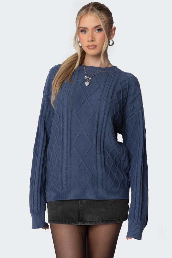 Edikted Jessy Cable Knit Oversized Sweater Blue