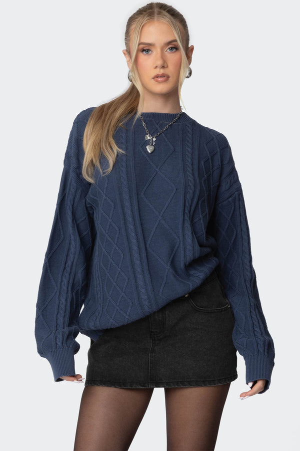 edikted Jessy Cable Knit Oversized Sweater blue