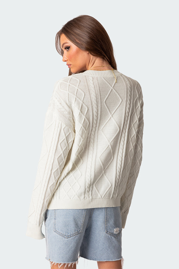 Edikted Jessy Cable Knit Oversized Sweater Cream