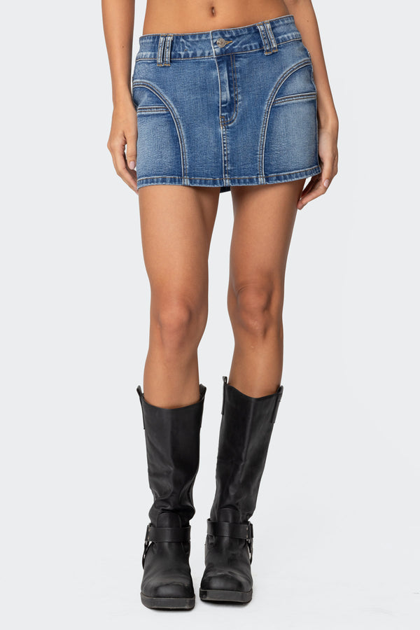 Edikted Jive Washed Denim Mini Skirt Blue Washed
