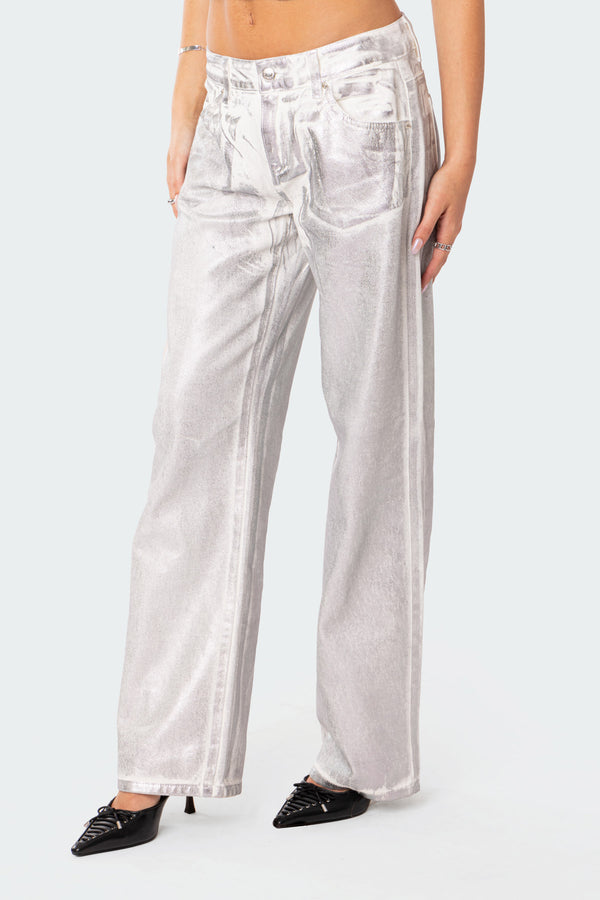 Edikted Jolene Metallic Low Rise Jeans Silver