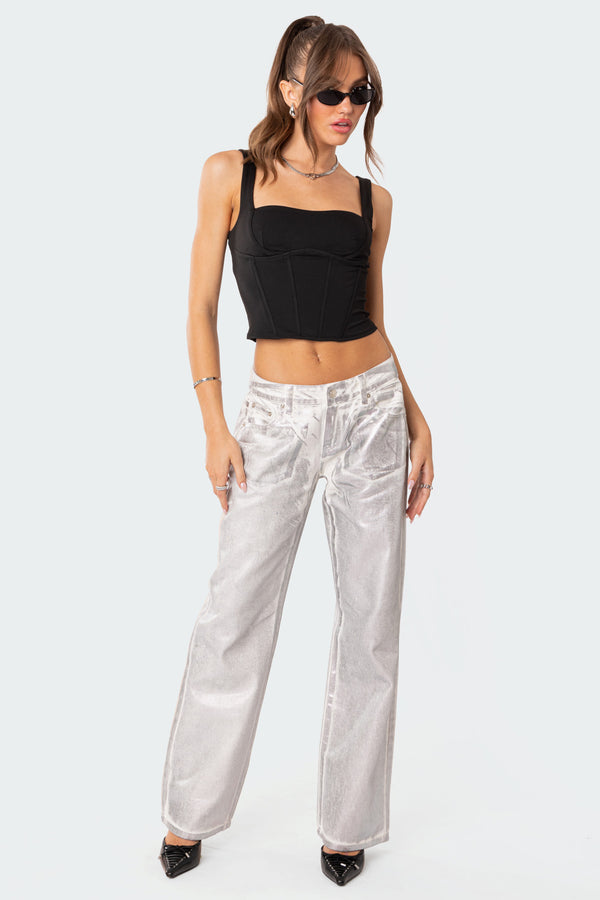 Edikted Jolene Metallic Low Rise Jeans Silver