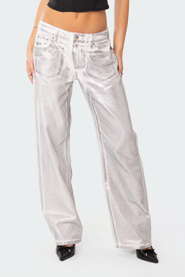 Edikted Jolene Metallic Low Rise Jeans Silver