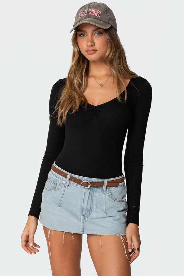 Edikted Jonah Long Sleeve V Neck Bodysuit Black