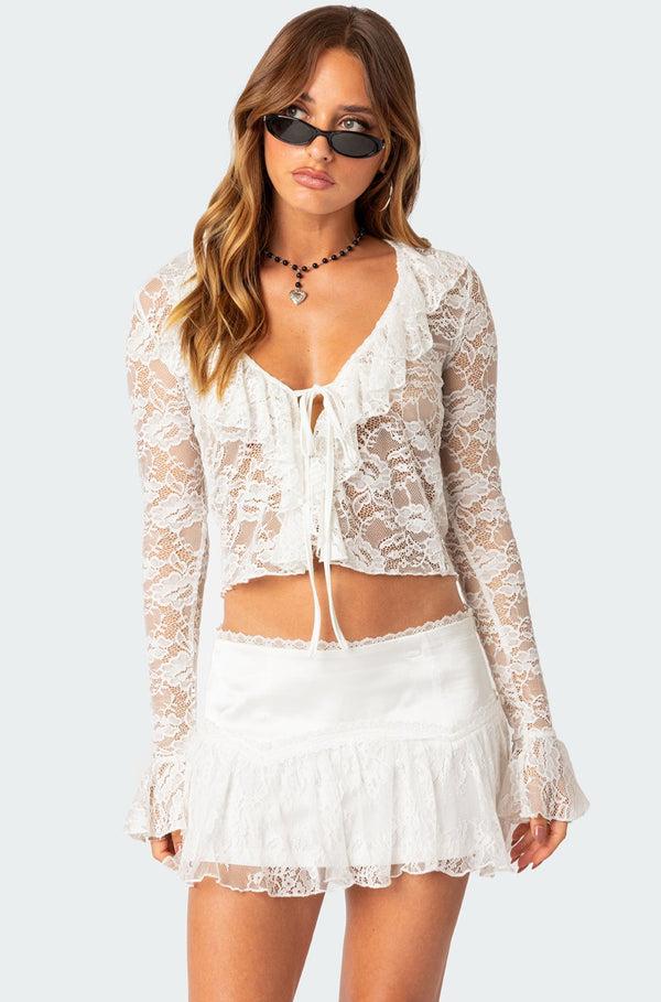 edikted Josalie Tie Front Lace Top white