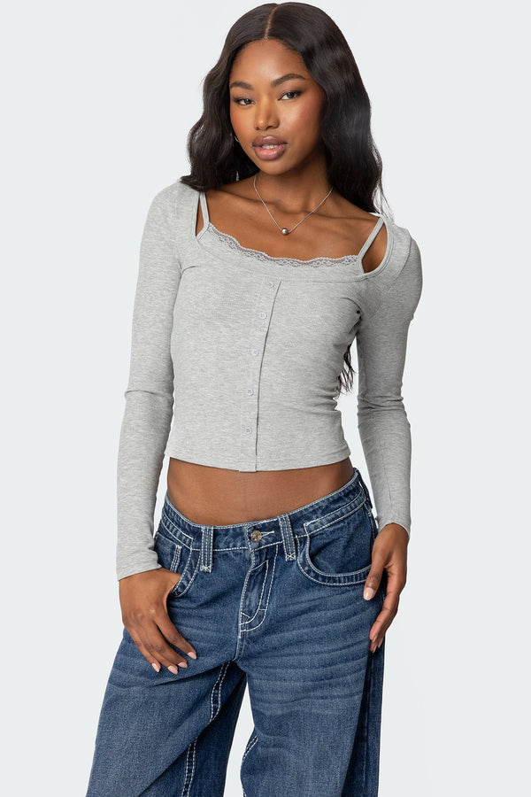 edikted Josi Layered Ribbed Top gray melange