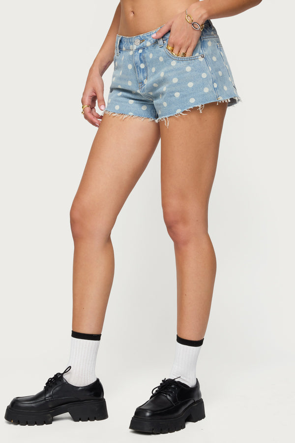 Edikted Josie Polka Dot Denim Shorts Blue Washed