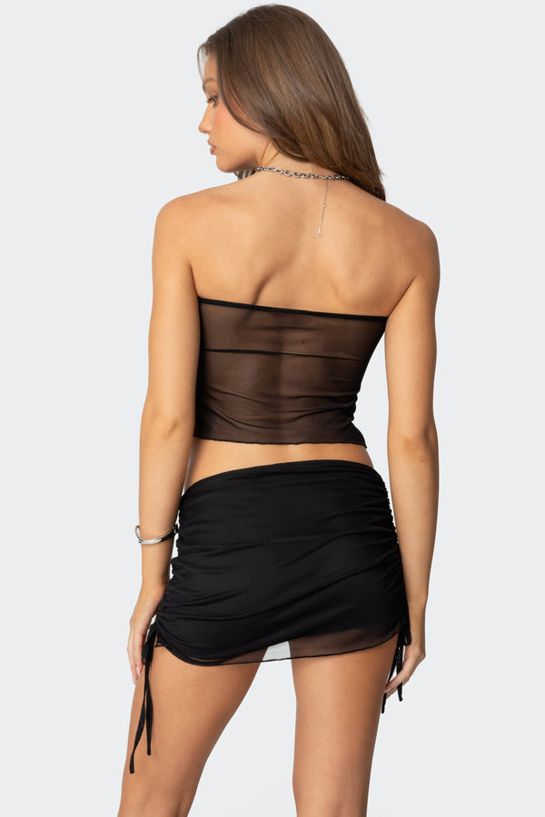 Edikted Joy Asymmetric Sheer Mesh Tube Top Black