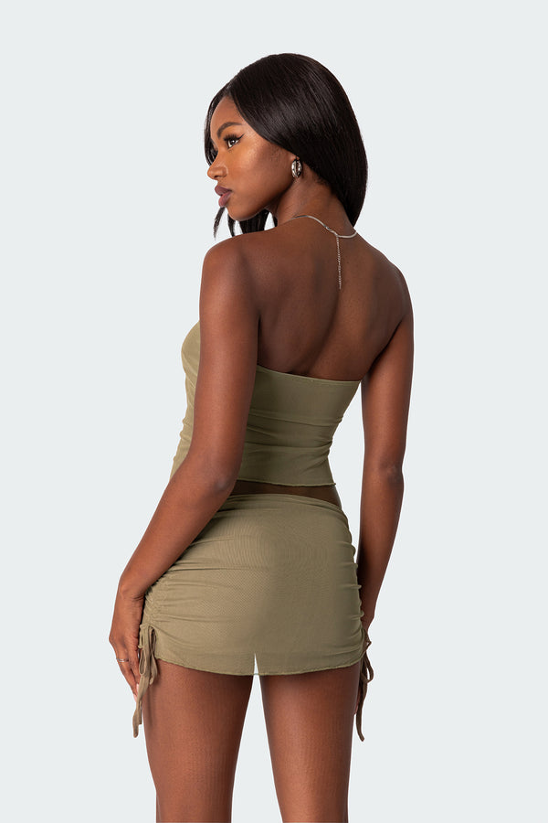 Edikted Joy Asymmetric Sheer Mesh Tube Top Olive