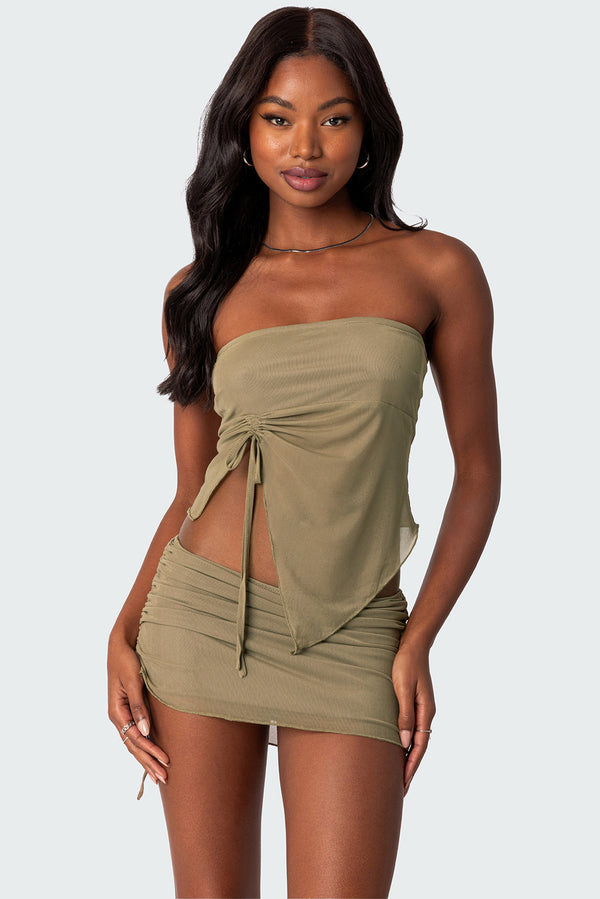 edikted Joy Asymmetric Sheer Mesh Tube Top olive