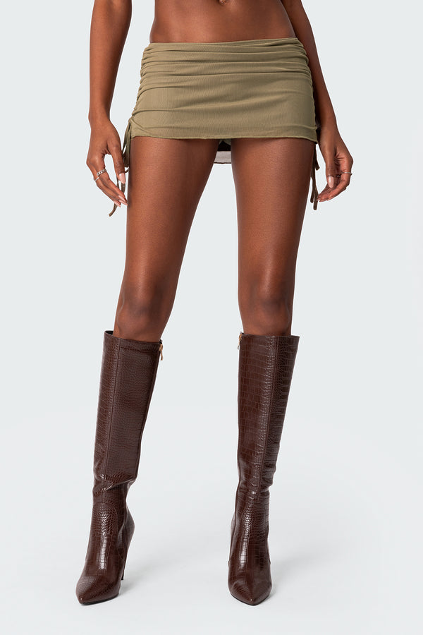 Edikted Joy Sheer Mesh Drawstring Mini Skirt Olive