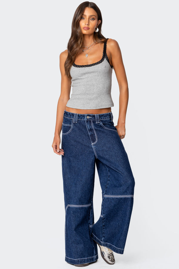 Edikted Jude Lacey Ribbed Tank Top Gray Melange