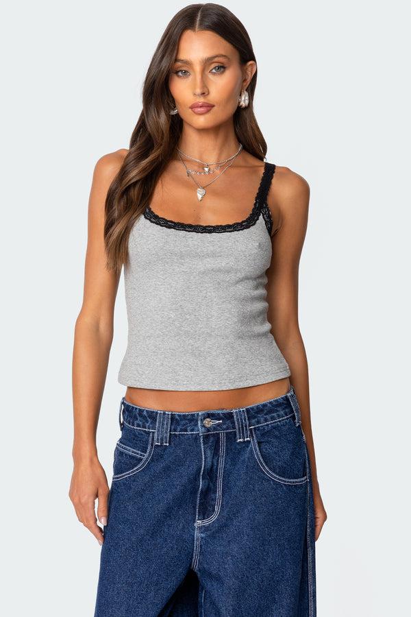 edikted Jude Lacey Ribbed Tank Top gray melange