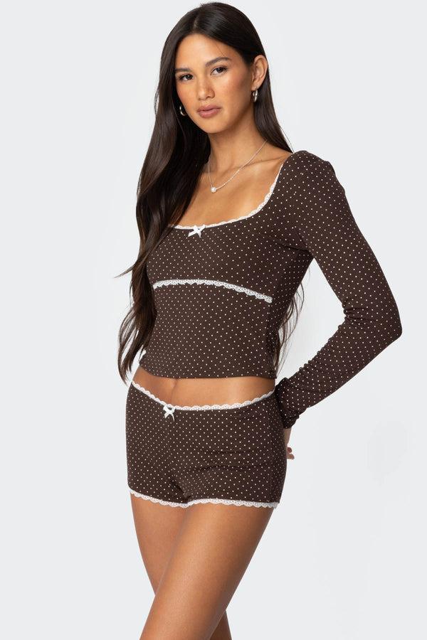Edikted Juliana Polka Dot Ribbed Top Brown