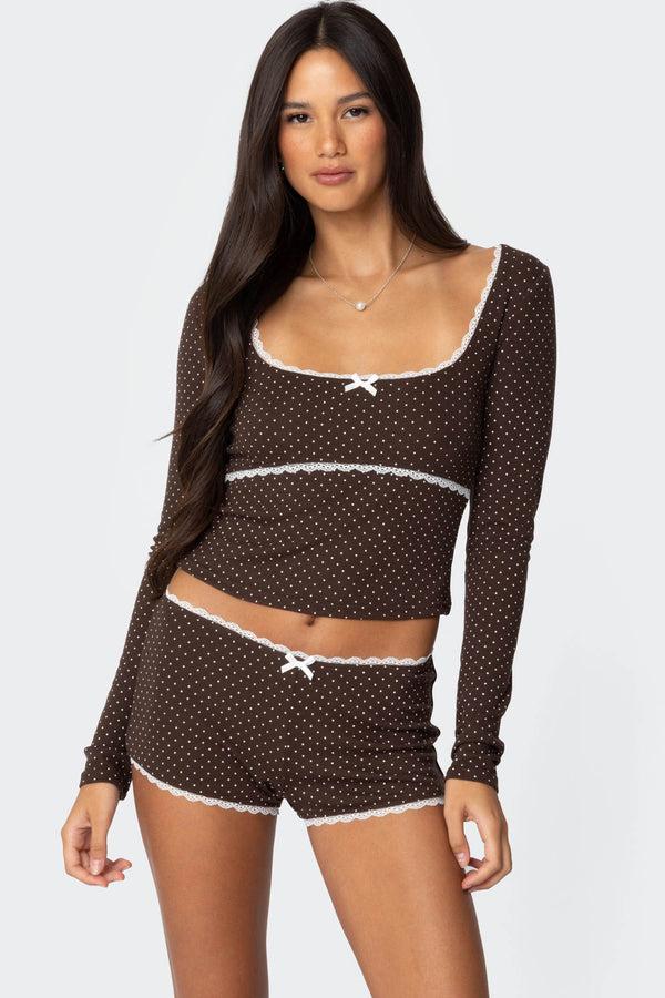 edikted Juliana Polka Dot Ribbed Top brown