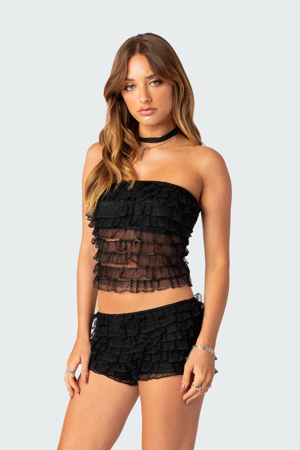 Edikted Julianna Sheer Ruffle Tube Top Black