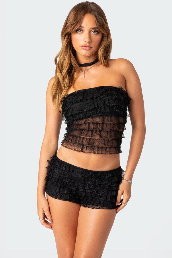 edikted Julianna Sheer Ruffle Tube Top black