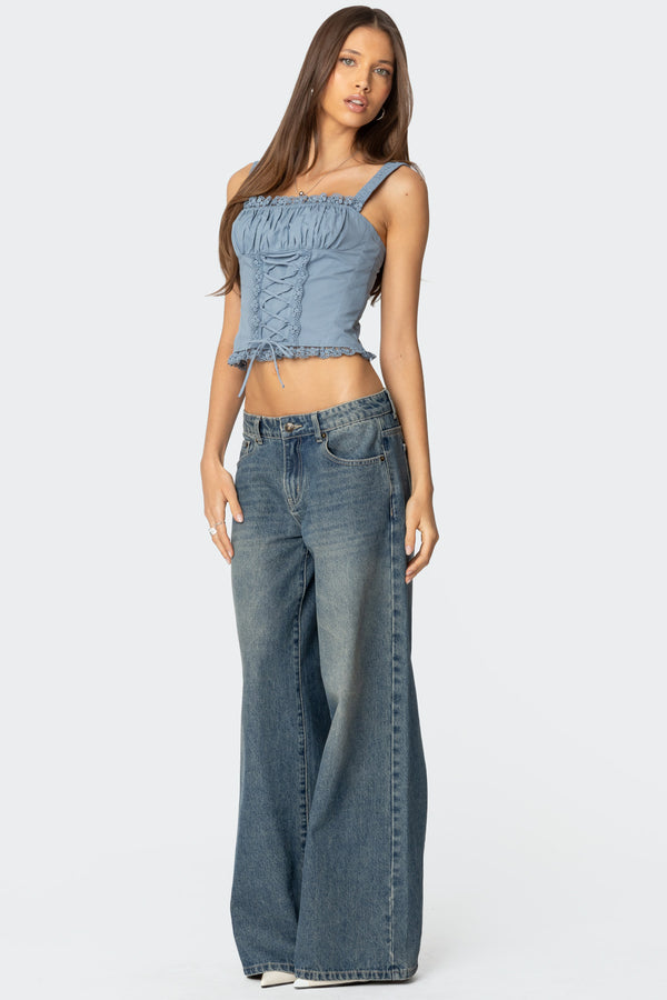 Edikted Juliet Ruched Lace Up Corset Light Blue