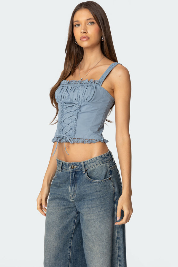 Edikted Juliet Ruched Lace Up Corset Light Blue