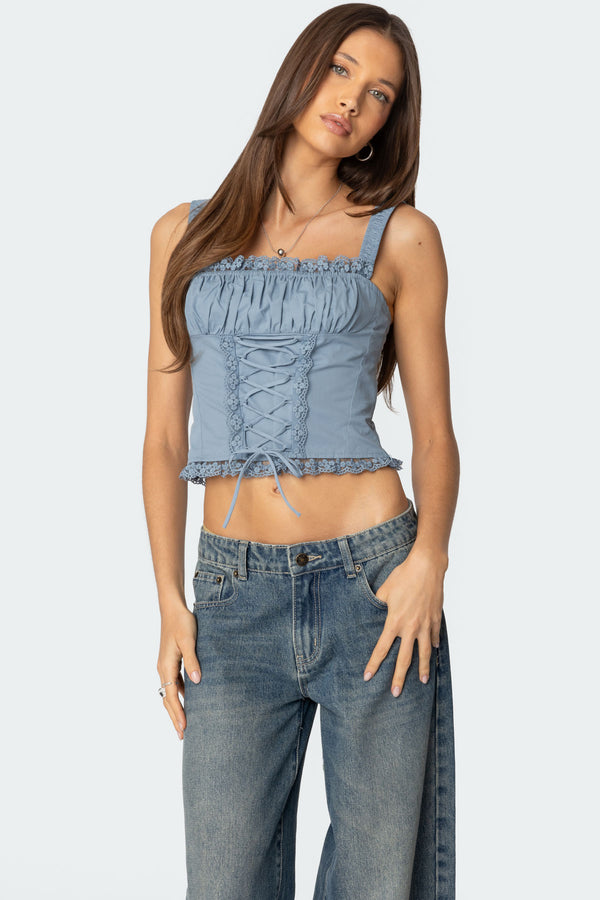 edikted Juliet Ruched Lace Up Corset light blue