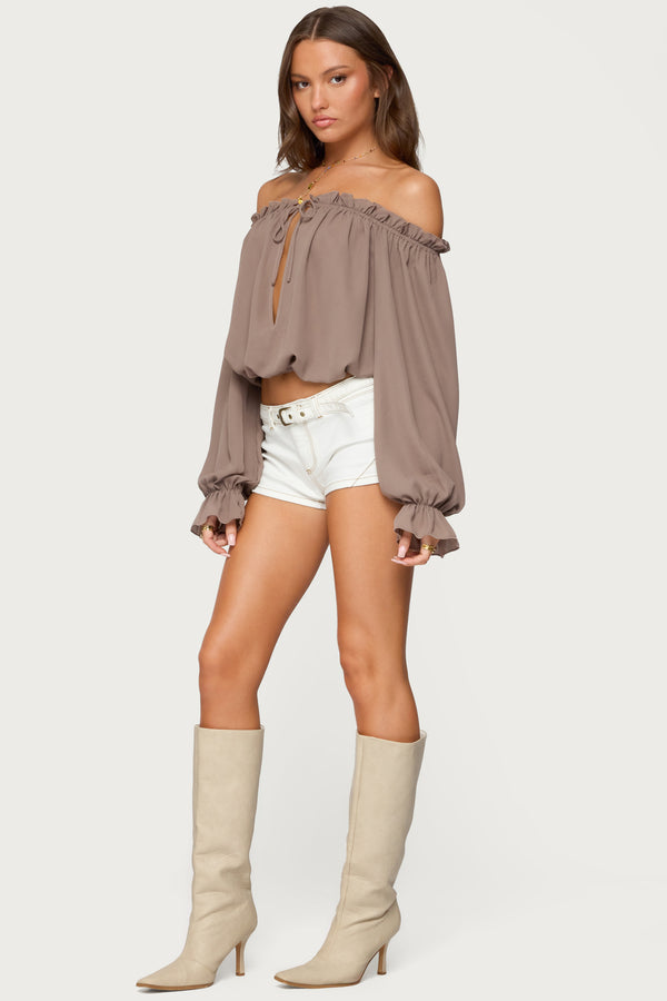 Edikted Juna Off Shoulder Ruffle Chiffon Top Brown