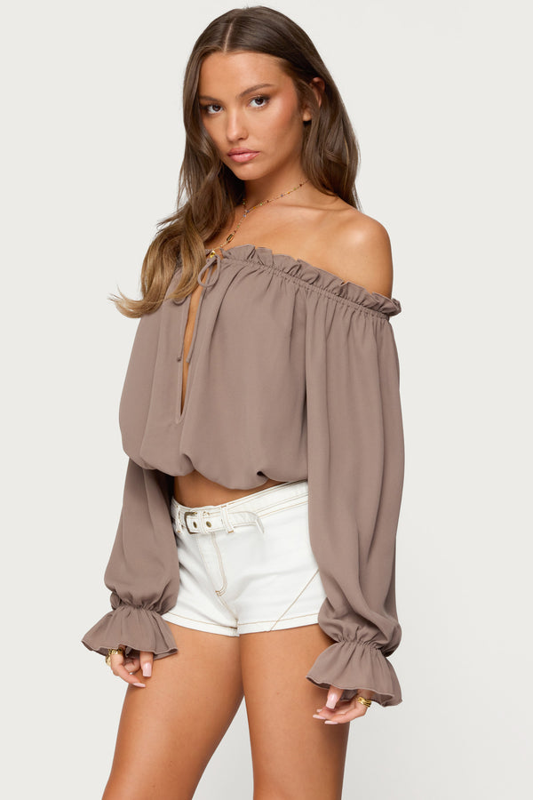 Edikted Juna Off Shoulder Ruffle Chiffon Top Brown