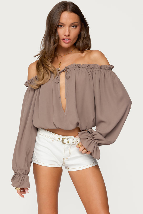 edikted Juna Off Shoulder Ruffle Chiffon Top brown