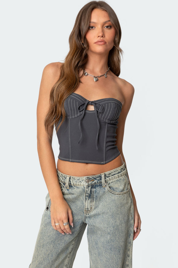 edikted June Tie Front Strapless Corset dark gray