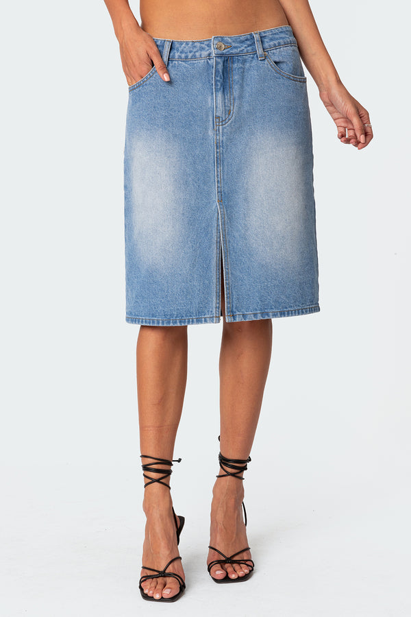 Edikted Junia Slitted Denim Midi Skirt Blue Washed
