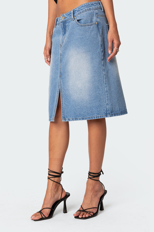 Edikted Junia Slitted Denim Midi Skirt Blue Washed