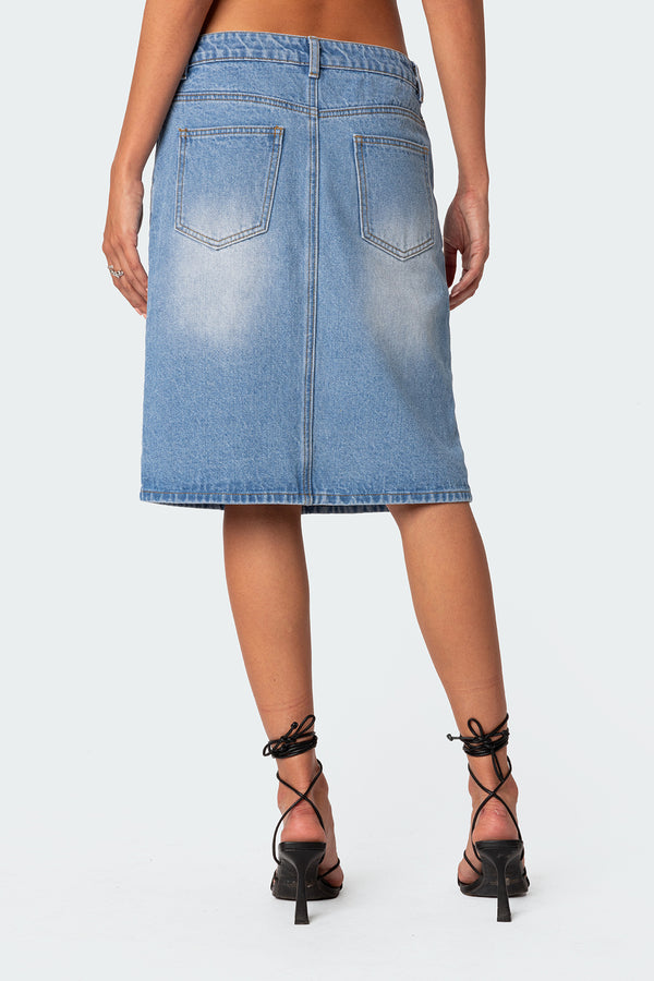 Edikted Junia Slitted Denim Midi Skirt Blue Washed