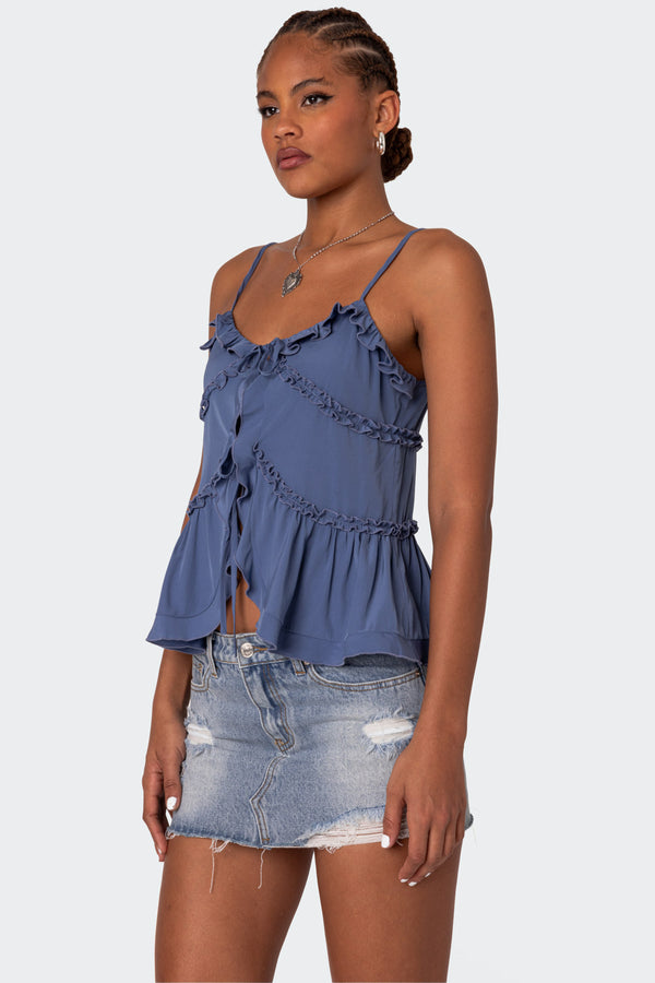 Edikted Juniper Tie Front Ruffled Top Blue