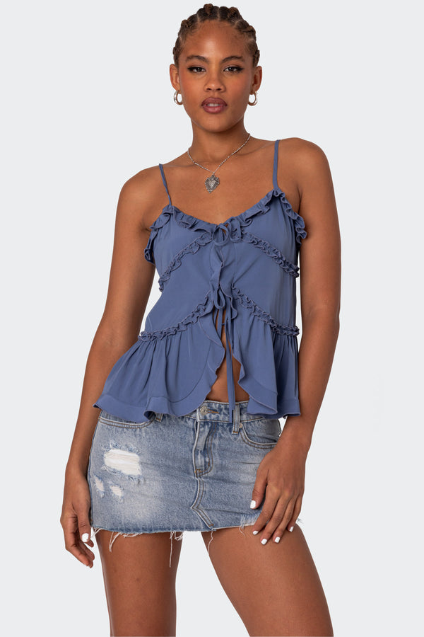 edikted Juniper Tie Front Ruffled Top blue