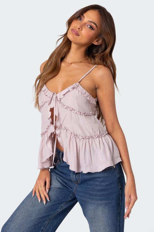 Edikted Juniper Tie Front Ruffled Top Pink