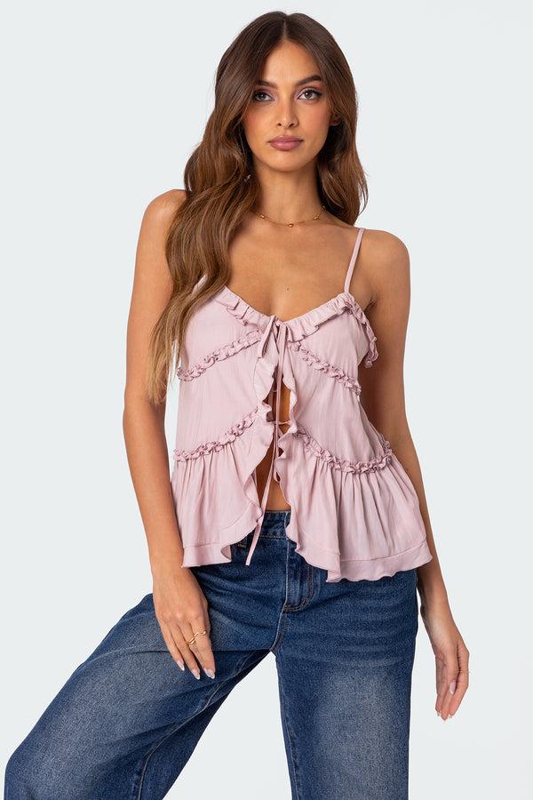 edikted Juniper Tie Front Ruffled Top pink